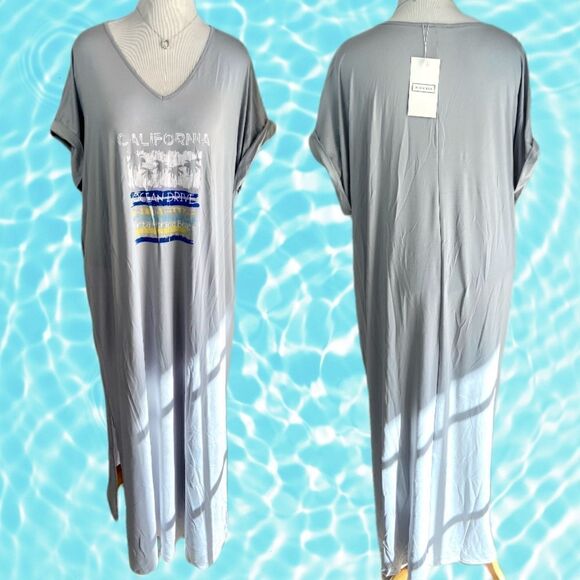 NWT California Beach Graphic Long Grey V-Neck T-Shirt Maxi Dress w/ Pockets - Picture 2 of 7